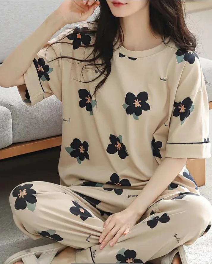 Brown BIG Black all over flowers Print Half Sleeves The Ultimate Dream Wear Sleep Suit (OM-131) - 3
