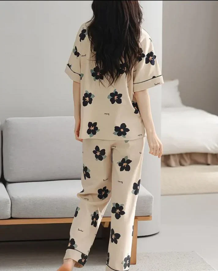 Brown BIG Black all over flowers Print Half Sleeves The Ultimate Dream Wear Sleep Suit (OM-131) - 4