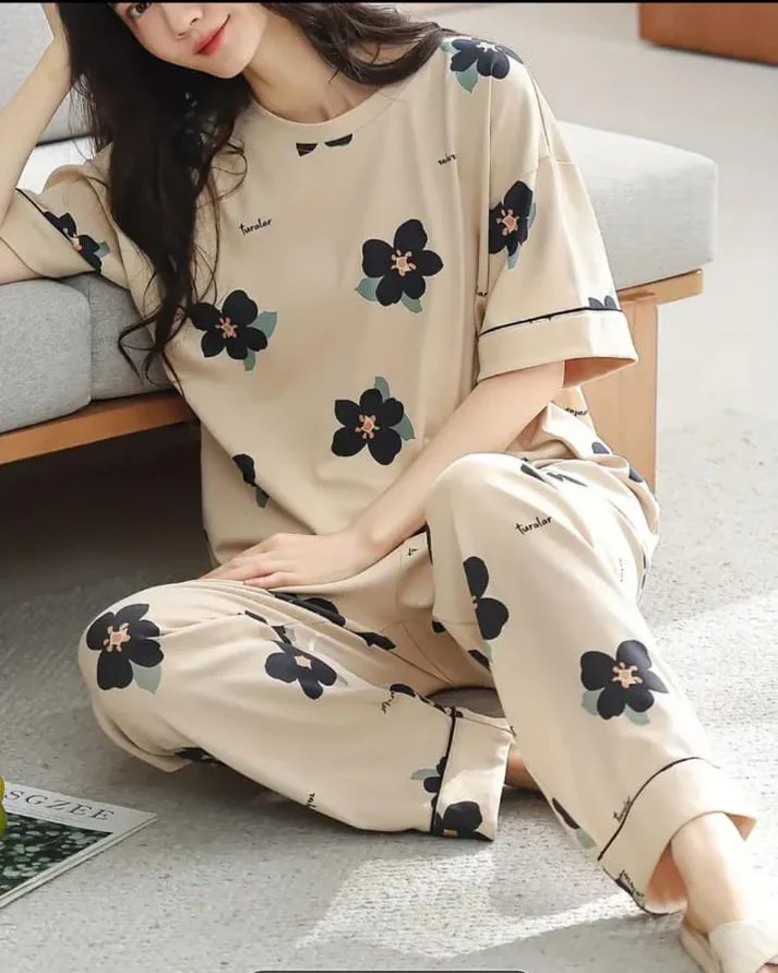 Brown BIG Black all over flowers Print Half Sleeves The Ultimate Dream Wear Sleep Suit (OM-131) - 2