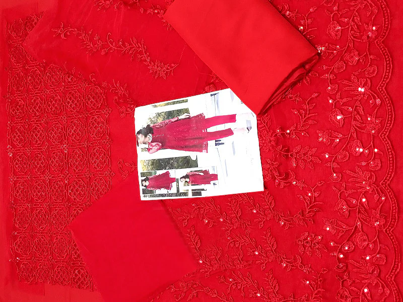2-Piece Embroidered Red Net Party Wear Dress - 4