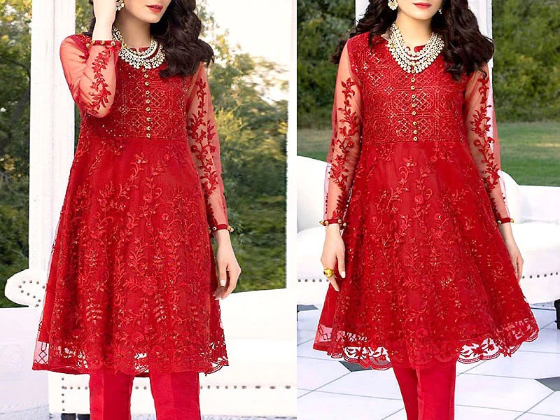 2-Piece Embroidered Red Net Party Wear Dress - 2