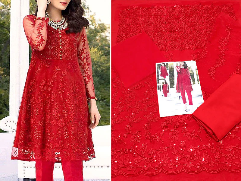 2-Piece Embroidered Red Net Party Wear Dress - 3