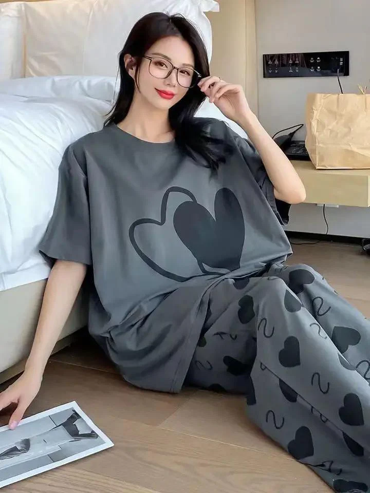 Grey Double Heart Full Sleeve Printed Night Suits - 2