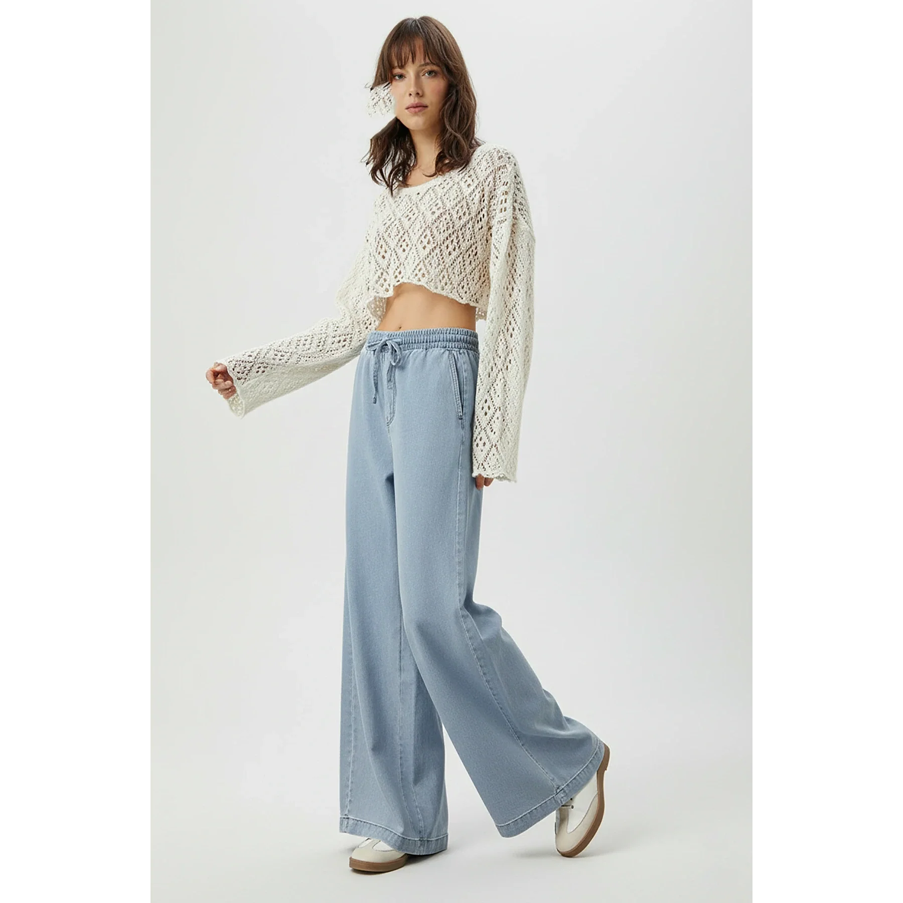 Light Blue Denim Palazzo Wide Leg Trousers - 3