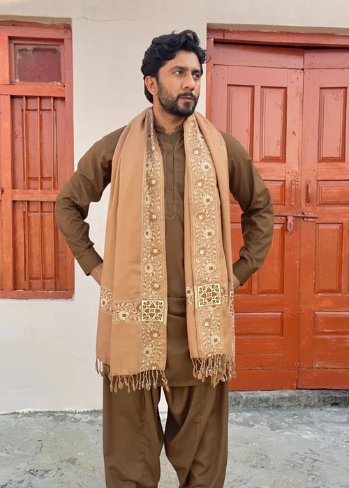 Irani Shawl - Baghdadi Style Stoler | Mini Shawl For Men - Camel Brown - 3