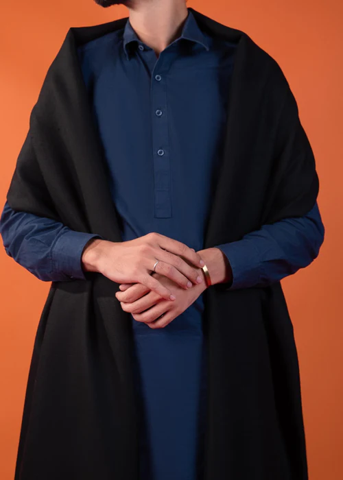 Premium Mix Wool Men's Shawl - Rich Black - 2