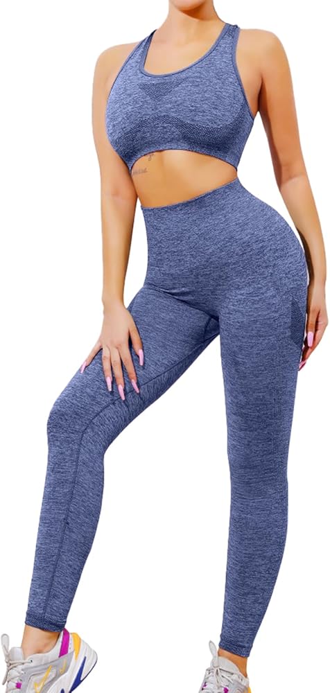 SHEKINI 2pcs Gym Clothes for Women Seamless Tracksuit Workout Joggers Cropped Top Full Set Outfits Yoga Sportswear Leggings Sports Bra Jumpsuits Running