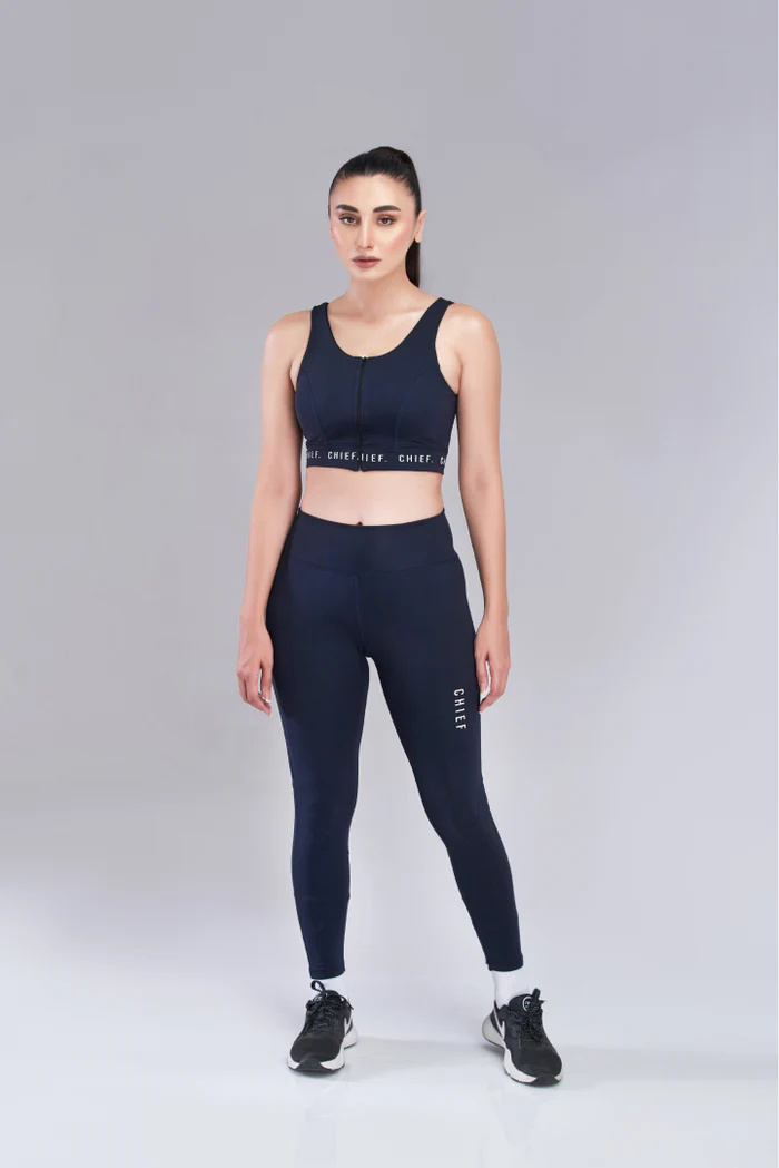 Navy Blue Zipper Sports Bra & Stride Leggings