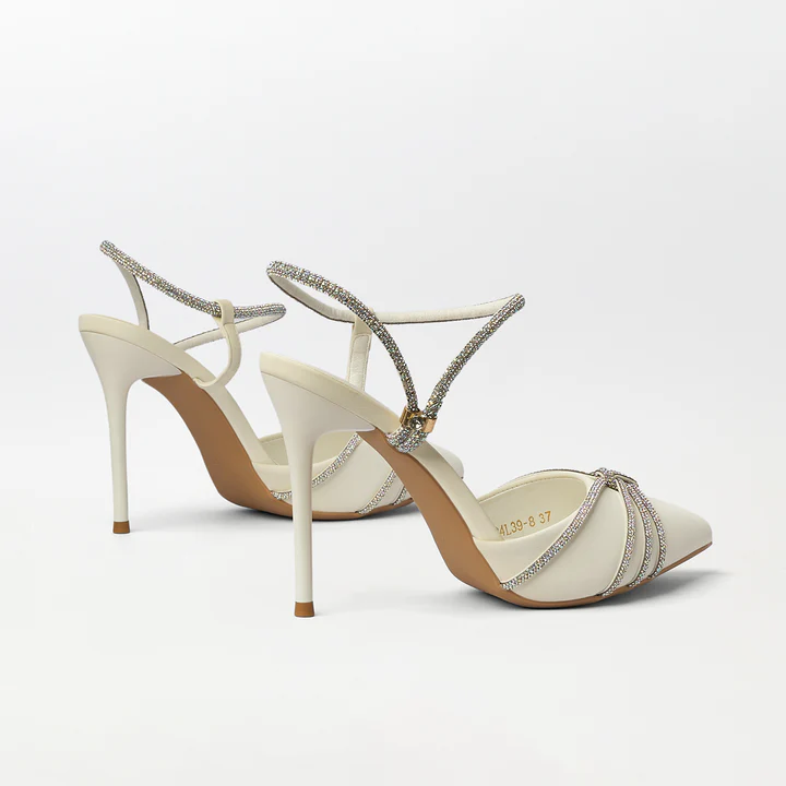 Embellished High Heel White Sandals - (CH282) - 2