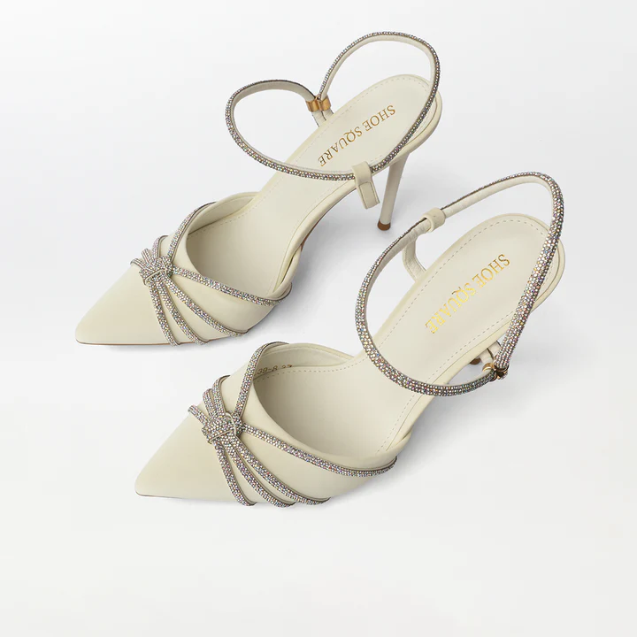 Embellished High Heel White Sandals - (CH282) - 4