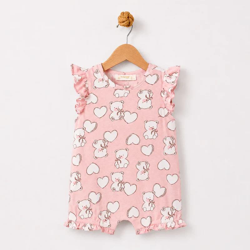 Baby Girl Pink Bear and Heart Print Romper