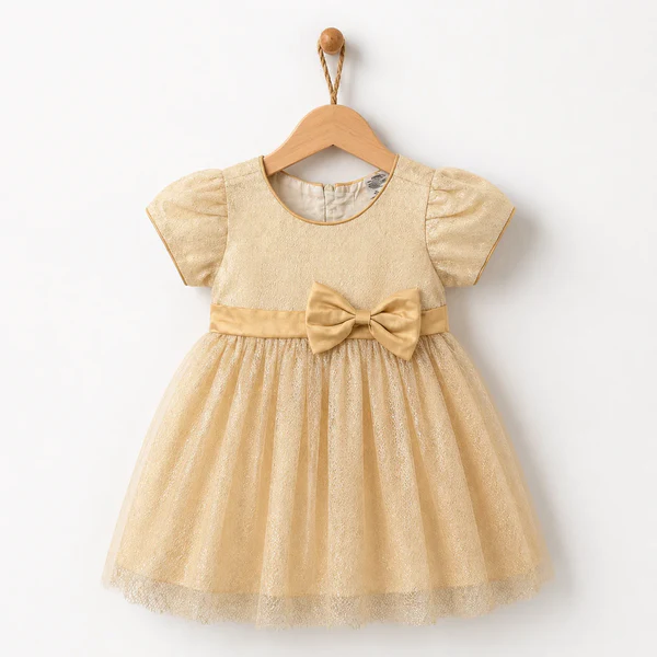 Baby Girl beige and golden self design bow Fancy Frock