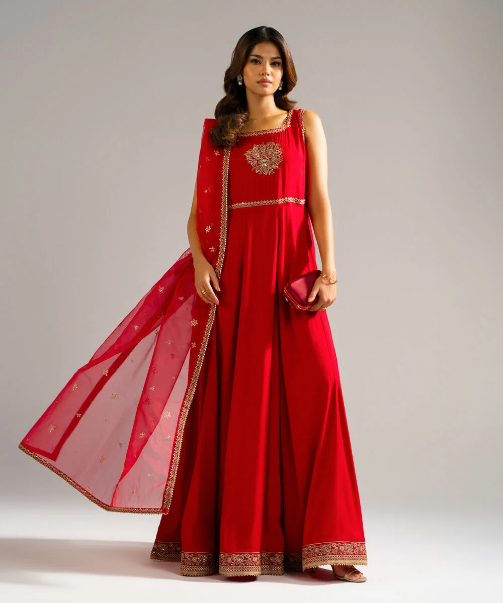 2 Piece - Embroidered Raw Silk Suit - 2