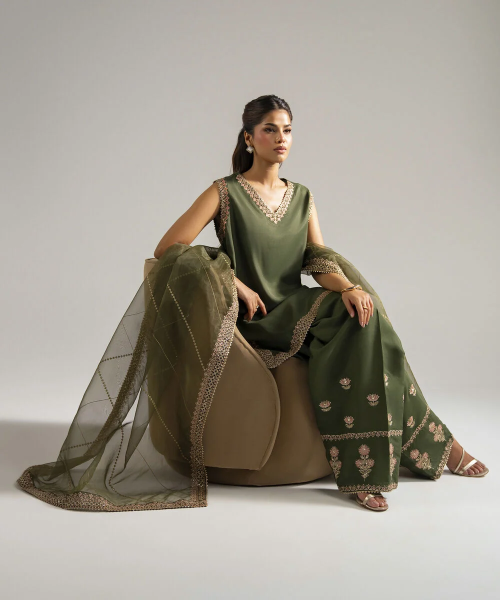 3 Piece Embroidered Raw Silk Suit | Premium Women's Wear