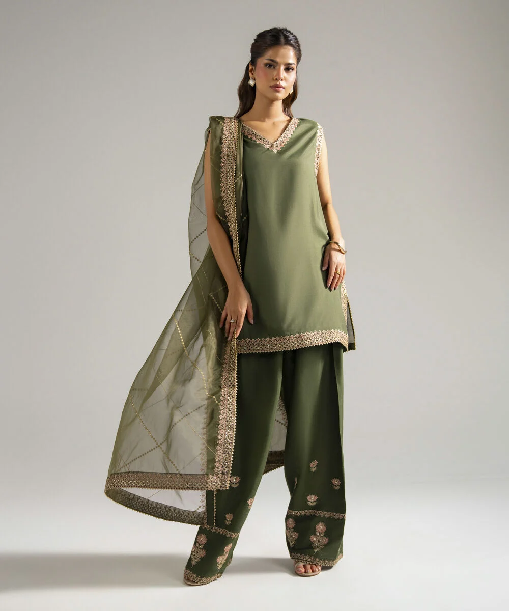 3 Piece Embroidered Raw Silk Suit | Premium Women's Wear - 2