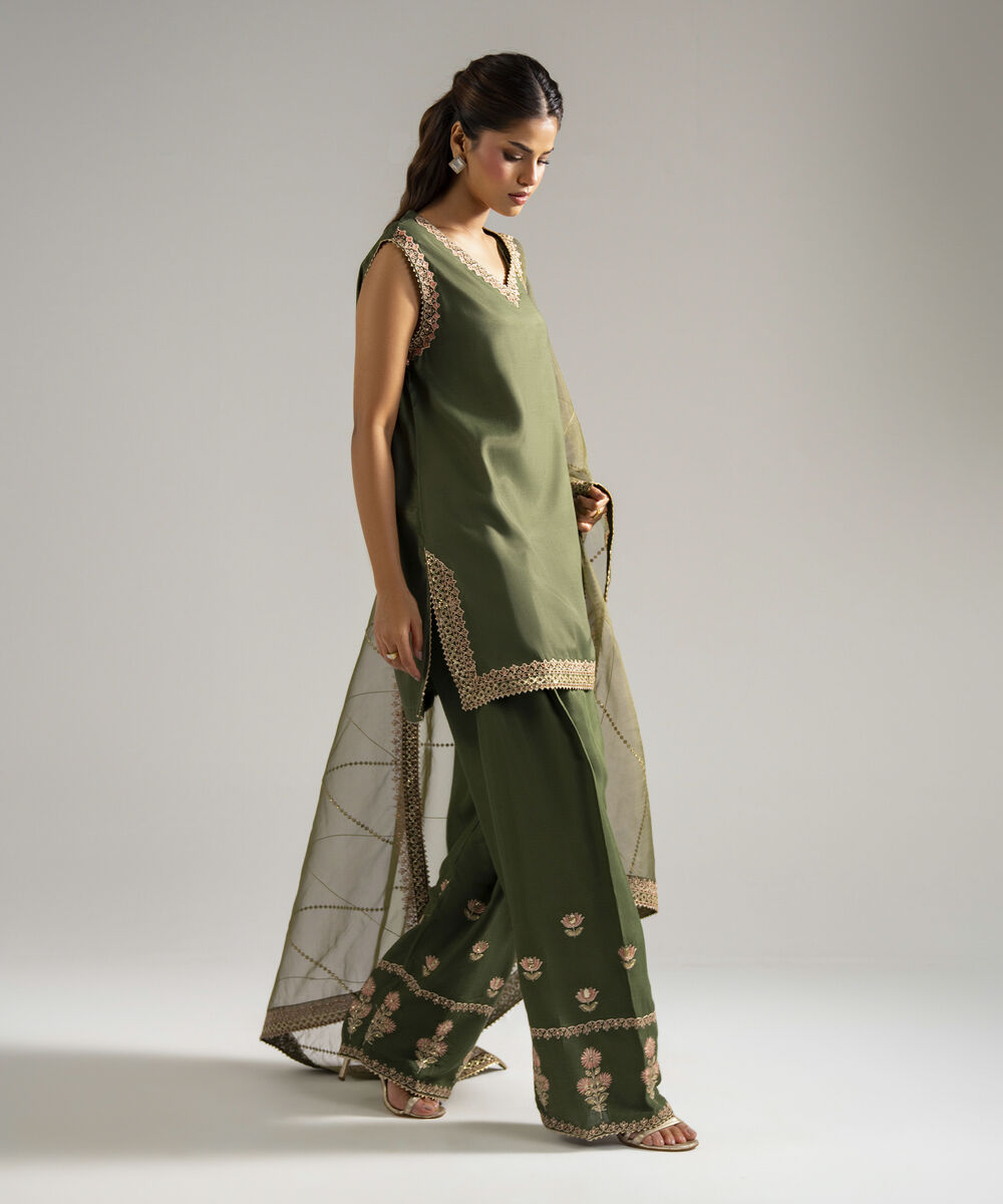 3 Piece Embroidered Raw Silk Suit | Premium Women's Wear - 3
