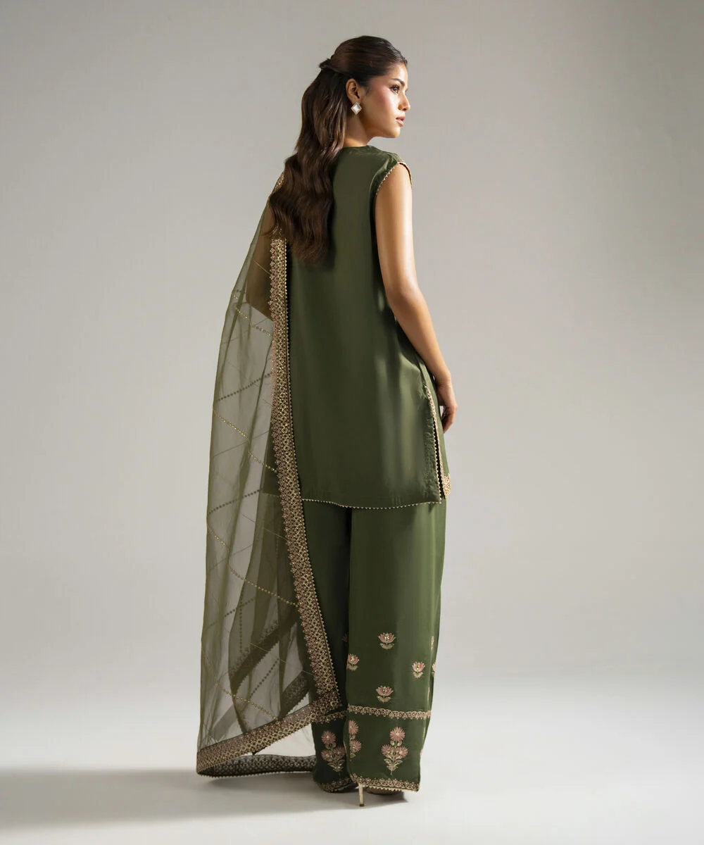 3 Piece Embroidered Raw Silk Suit | Premium Women's Wear - 4
